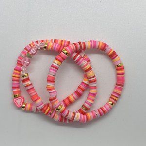 Handmade  Pink Mixed Heart and Clay Beads/ Gold Filled Spacer Bracelet Set